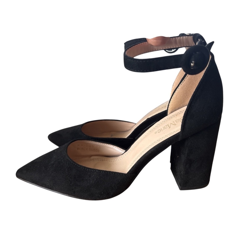 Bella Marie "Krissy" Black Suede Pointed Toe Block Heel Pumps, Size 7.5, Classy